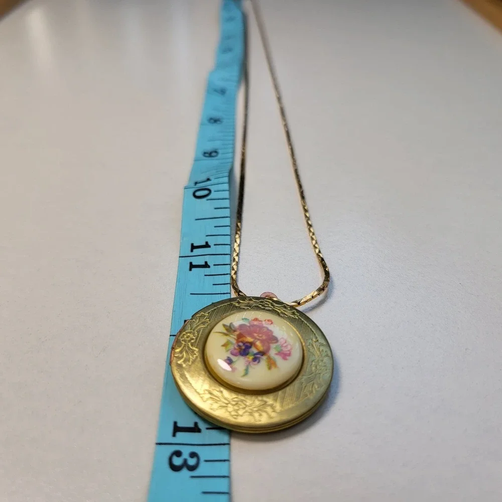 Vintage Glass Floral Locket Necklace Gold Tone Brass Round Etched Romantic